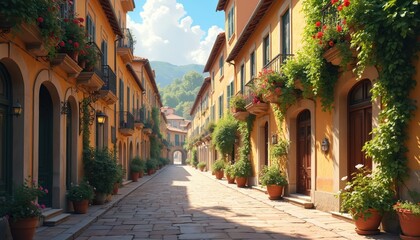 Fototapeta premium Old town street with charming yellow houses, stone pavement, and green plants on balconies. Sun shines on a quiet alleyway, creating a peaceful European atmosphere, perfect for travel blogs.