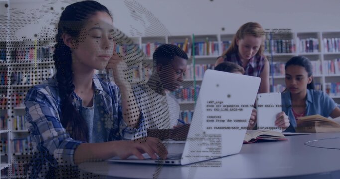 Studying students working around round study table in library, with open laptop and code overlay