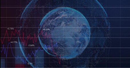 Fototapeta premium Displaying Earth globe rotating in virtual dashboard, showing red blue charts and percentage labels