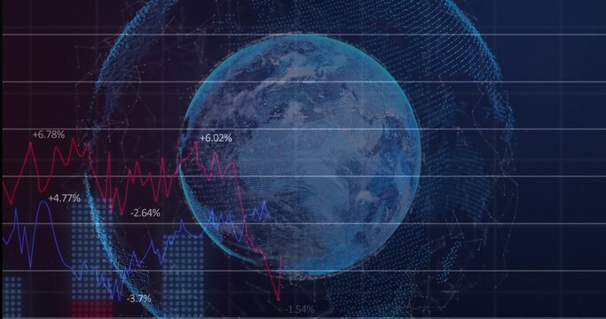 Displaying Earth globe rotating in virtual dashboard, showing red blue charts and percentage labels