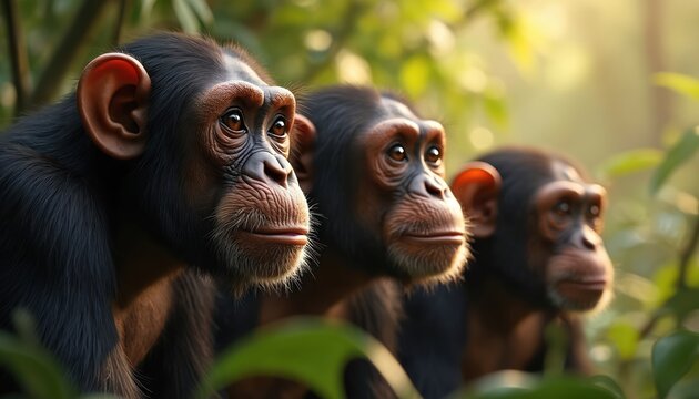 Three chimpanzees gaze forward in a forest environment. Their faces show thoughtful expressions. They are in their natural habitat with green foliage. These primates look curious.