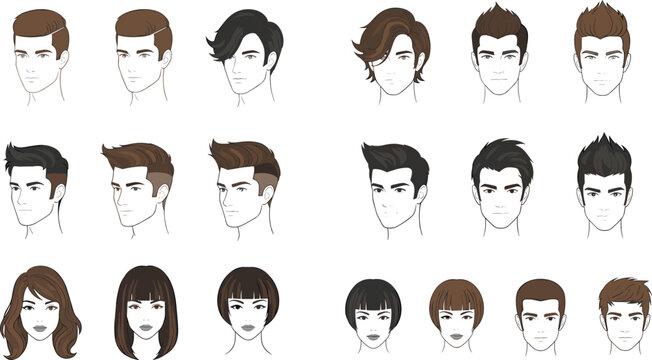 Collection of Men Hairstyles Icons with Various Haircuts and Styles for Barber Shop, Fashion Design, Grooming Guide, and Character Illustration Use