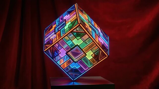 A stylized multicolor cube set against a lush red background, crisp digital form, bold contrast, contemporary atmosphere, ultra-realistic, no logos.