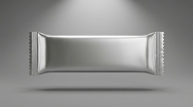 Isolated metallic silver candy bar wrapper mockup with crimped edges and realistic shadows professional packaging template for energy or cereal bar
