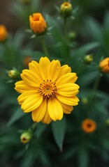 Obraz premium Bright yellow daisy-like flower opens petals against soft focus green leaves. Tiny water drops sit on petals. Budding flowers also appear in background. Natural sunny outdoor garden.