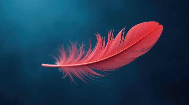A single coral-colored feather floats gently against a deep teal backdrop, showcasing its delicate structure and vibrant hue, a symbol of lightness and ephemeral beauty.