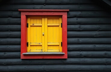 Obraz premium Dark wooden house exterior features bright yellow shutters framed by red trim. Simple window design suggests rustic charm and a quiet village setting. Rural European architecture detail.