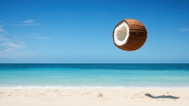 coconut. A ripe coconut falling through a clear blue sky towards a sandy beach. bar promotions, beverage menus, designed for product packaging and bar promotions, used by marketplace managers.