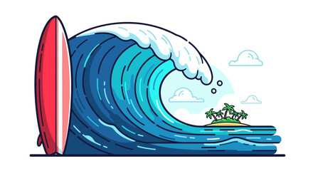 Surfboard standing upright on ground. © Mbah Suro