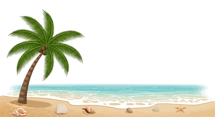 Obraz premium Palm tree on sandy beach shore.