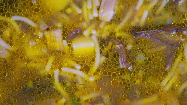 Closeup of flavorful noodle dish. Closeup macro shot of savory mushroom noodles in broth. Warm and hearty mushroom noodle soup featuring herbs and rich umami flavor profile