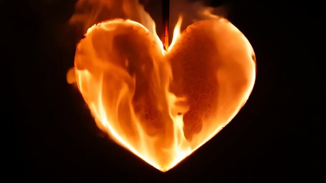 Heart shape engulfed in flames with vibrant fire and smoke, showcasing the intense heat and dynamic movement of the burning material against a dark background