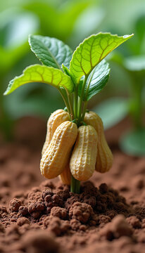 Peanut plant seedling growing in rich brown soil, green leaves unfurling, bunch of peanuts attached to stem, healthy young crop, organic farm, garden.