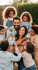 Fototapeta premium Smiling family of mixed ethnicity hugging outdoors, surrounded by happy children, embodying love, unity, and strong family bond in warm light
