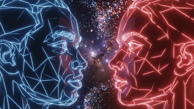 Two geometric human heads in space for tech concepts, digital marketing, and futuristic projects