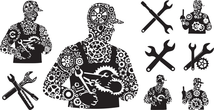 Mechanic with tools and gears in creative design