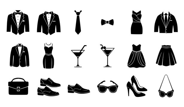 Black event dress code icons set formal attire silhouette vector illustration