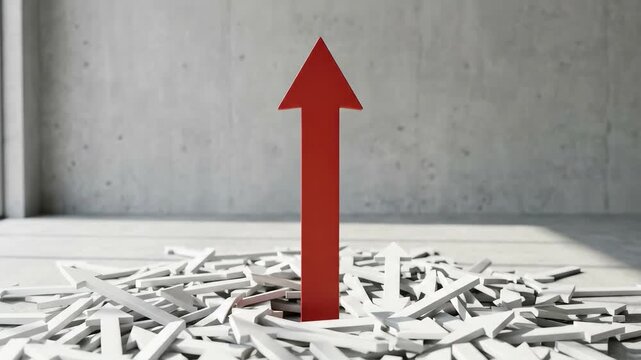 A single red arrow rising above a chaotic field of white arrows, clean minimalist space, sharp contrast, crisp shadows and bold visual tension conveying standout leadership and decisive strategy,
