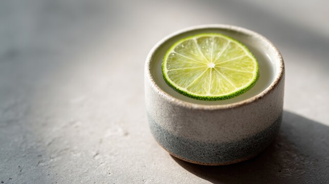 sake. Thin slice of sudachi lime on the rim of a ceramic cup filled with clear sake. bar promotions, beverage menus, designed for food & beverage menus and cafe branding.