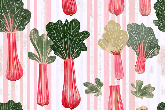 rhubarb pattern featuring fresh red stalks and leafy greens in soft textured watercolor style on pastel striped background organic garden vegetable illustration ideal for kitchen textile packaging wal