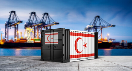 Nothern Cyprus Container: A shipping container, adorned with the flag of Northern Cyprus, stands prominently at a bustling port. Cranes rise in the background. © bao