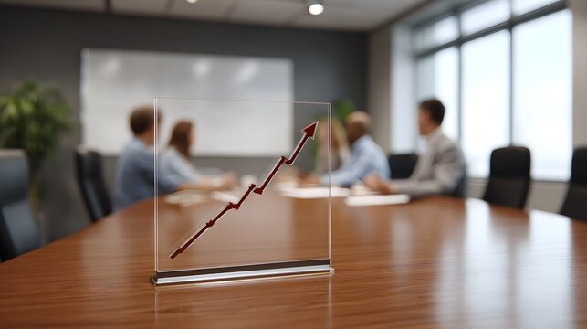 An upward trending graph display placed on a wooden conference table during a professional team meeting symbolizing corporate financial growth and