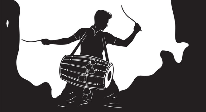 drummer, music, vector illustration, black and white, silhouette, musician
