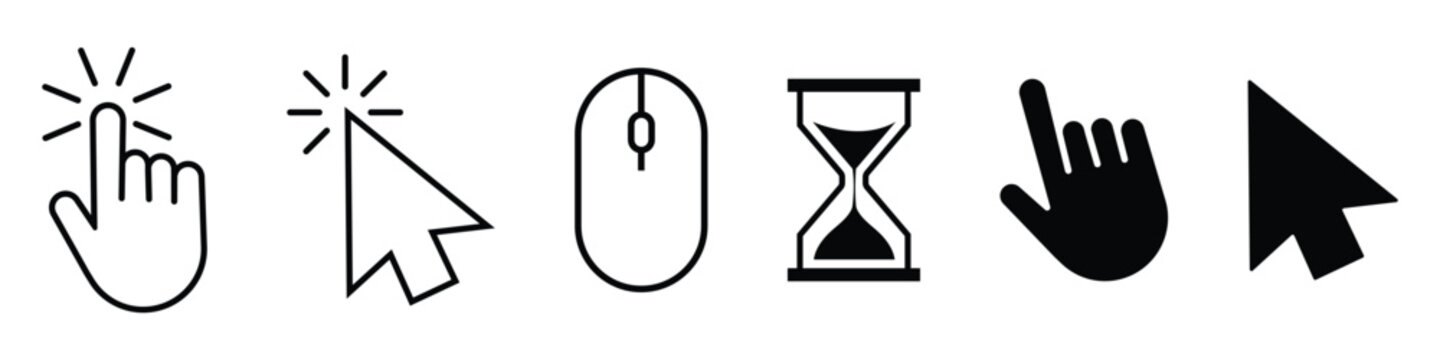 Pointer hand, arrow and hourglass loading clock mouse cursors icon sign. Cursor hourglass set in flat style. Vector illustration.