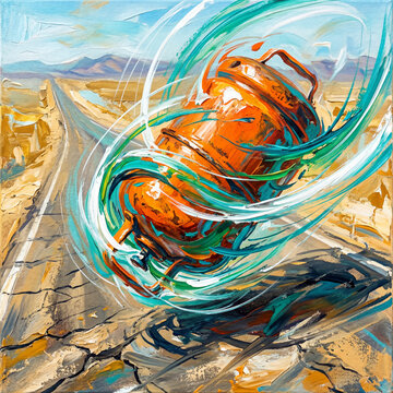  Bombona de gas , que tenga  una  forma abstracta en ca&iacute;da sobre carretera des&eacute;rtica. Energ&iacute;a y movimiento expresados con trazos fluidos, viento visible, colores turquesa, verde y blanco. 