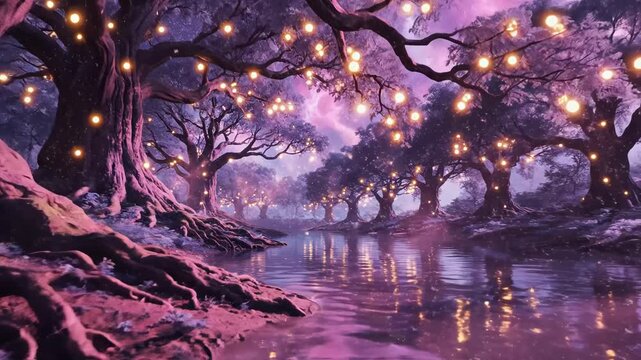 Enchanted forest with glowing lights for environmental projects, nature documentaries, and commercials