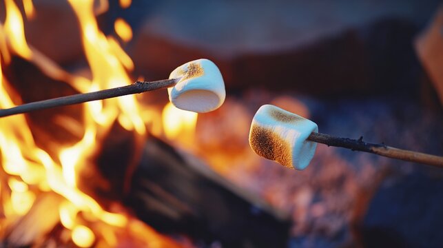 caramelization. Marshmallows roasting over a campfire on a stick. menu design, packaging mockups, designed for culinary blogs and recipe cards for restaurants, used by account managers.