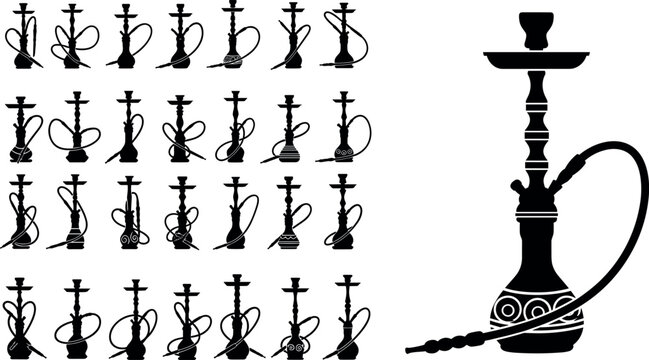 Minimalist Hookah Icons Set in Silhouette Style for Smoking Accessories, Shisha Pipes, and Relaxation Themes