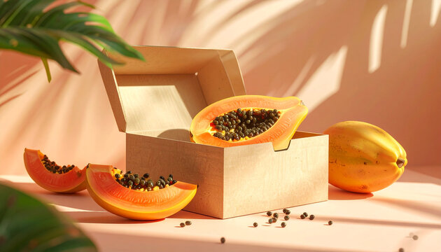 Fresh ripe papayas displayed with an open cardboard box under tropical shadows, ready for consumption or delivery.