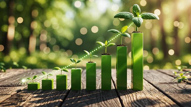 Growth bars with plants on wooden surface for commercial backgrounds, digital design, and advertising