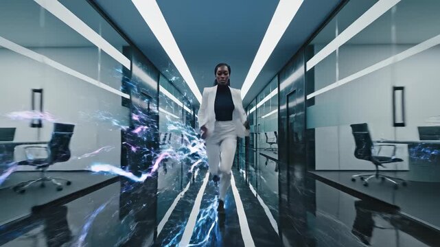 Woman running in futuristic corridor for corporate presentations, business marketing, and commercial use