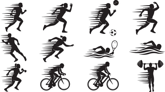 Silhouettes of athletes engaging in various sports activities quickly