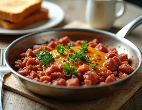 Diced corned beef hash sizzles in skillet with egg and parsley garnish. Served with golden toast slices and coffee mug. Delicious homestyle breakfast ready to eat.