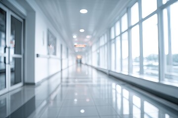 Fototapeta premium Long, modern, bright, empty building hallway with reflective floor and large windows, blurred