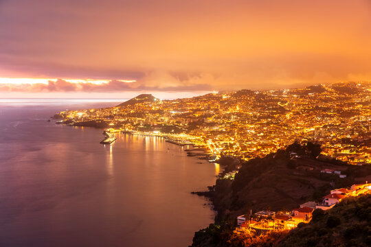 Funchal cityscape view from Miradouro do Pin�culo after sunset blue hour