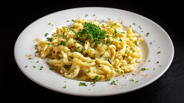 Traditional German Spaetzle pasta with herbs on a white plate.