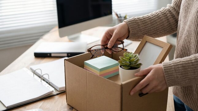 A close-up of a worker's hands placing personal items, including a small potted plant and notebooks, into a cardboard moving box on an office desk near a bright window.
