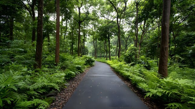 A winding paved path cuts through a dense lush and vibrant tropical forest inviting explo n and serenity