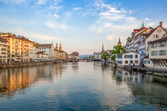 Grossm�nster and river Limmat at sunset in Zurich in summer