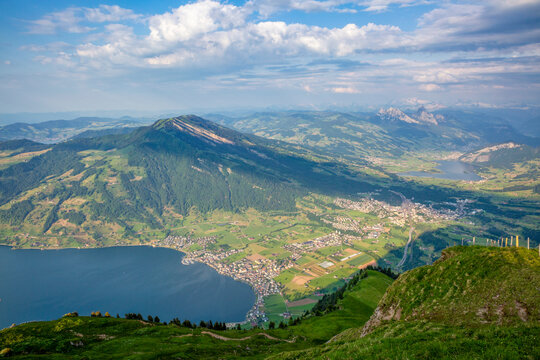 Panoramic view from Mount Rigi summit overlooking Lake Zug and Arth
