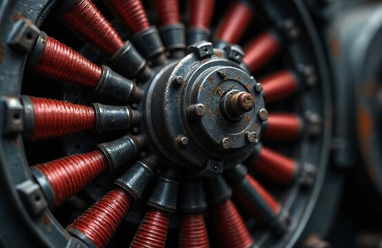 Close view of old generator rotor with red coiled wires and rusty metal parts. Heavy industrial machine component details. Vintage power generation equipment.