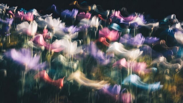 Abstract floral landscape with vibrant motion-blurred flowers and dark