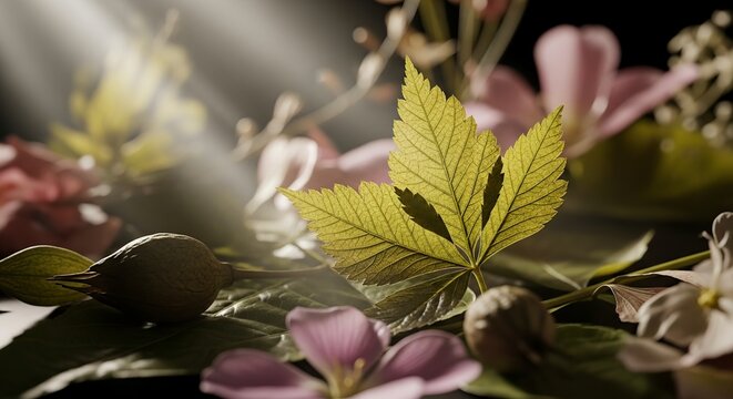 Sunlit Leaf Amidst Floral Beauty - A Natures Embrace.