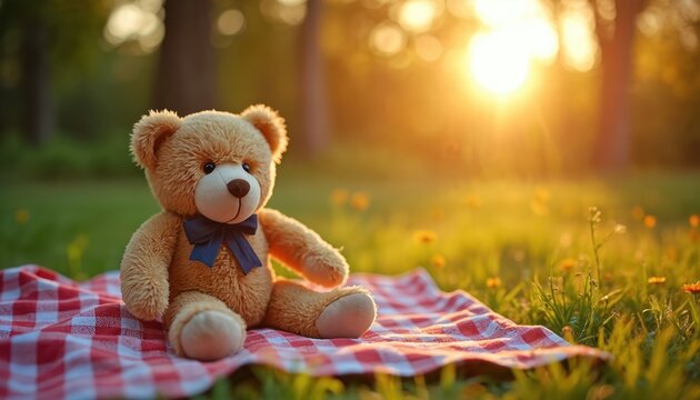 Brown teddy bear with blue bow sits on red checkered blanket in sunlit meadow. Golden hour light illuminates grassy field with small yellow flowers. Peaceful outdoor scene evokes childhood memories,