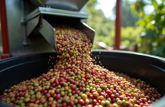 Coffee cherries fall from pulping machine into large bin. Unprocessed ripe beans show red green yellow colors. Agricultural harvest at farm processing plant.