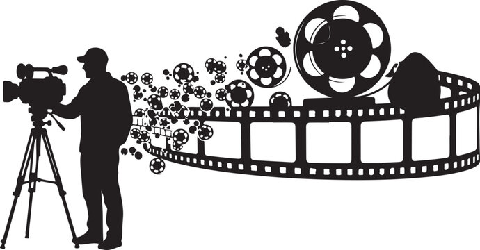 Silhouette of a filmmaker with film reel graphics